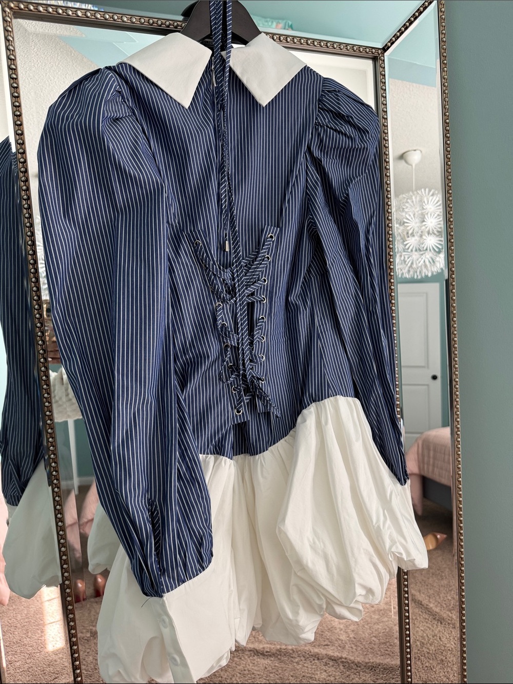 Striped Blue & White Puff-Sleeve Mini Dress - Picture 7 of 8